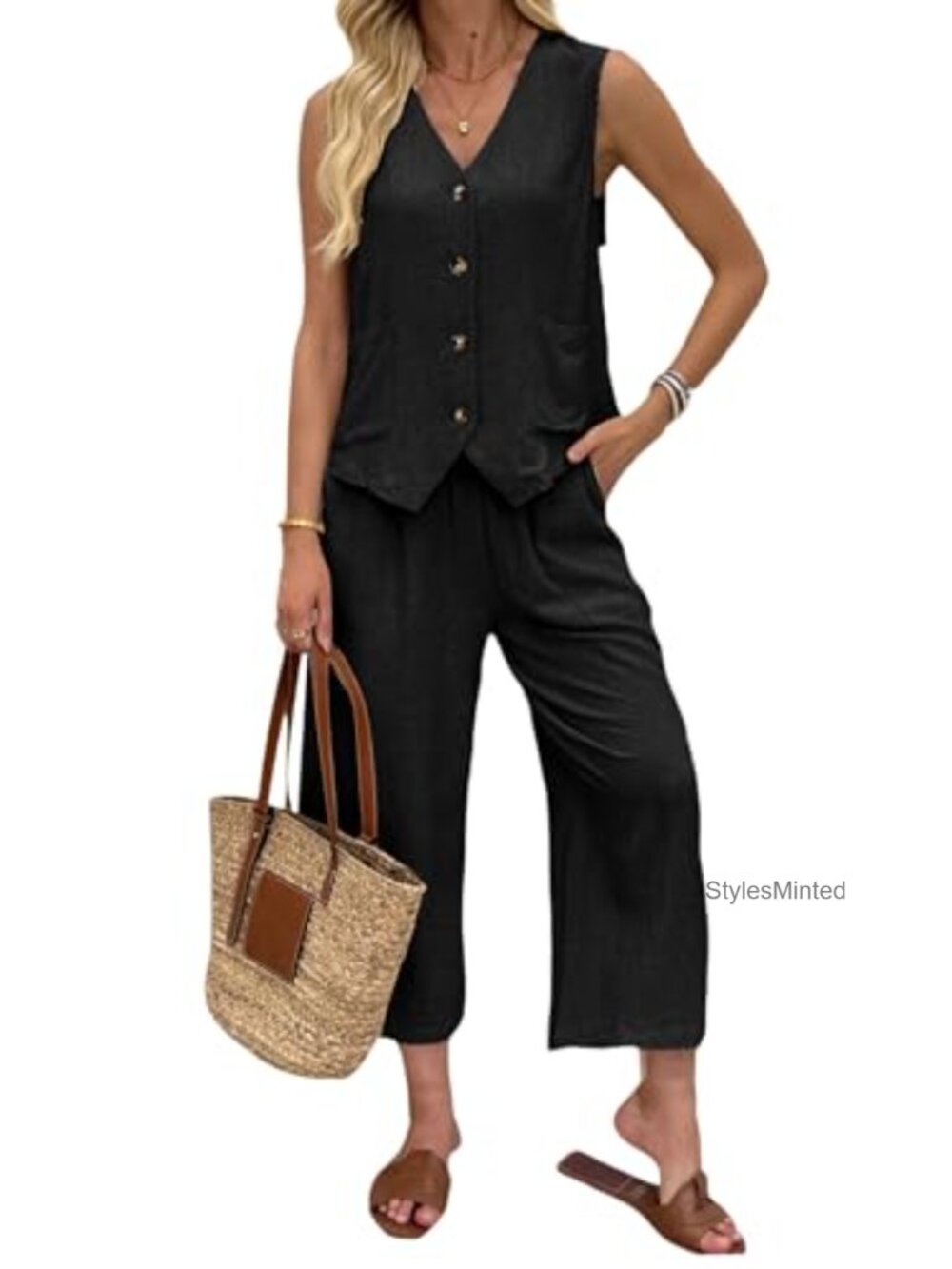 Linen Two Piece Set Sleeveless Vest Top & Wide Leg Cropped Pants